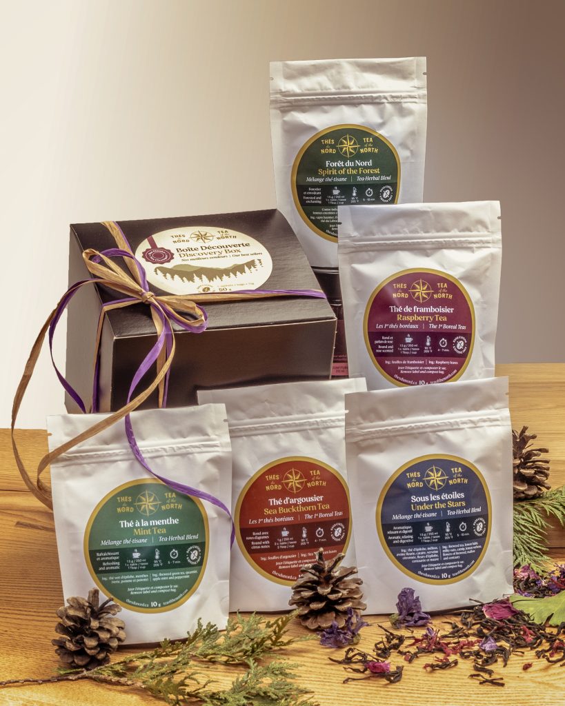 Coffrets découverte des Thés du Nord avec assortiments de thés boréaux québécois, idée cadeau local pour les Fêtes